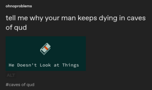 A Tumblr post by ohnoproblems with caption "tell me why your man keeps dying in caves of qud" and an in-game screenshot of a book titled "He Doesn't Look at Things".